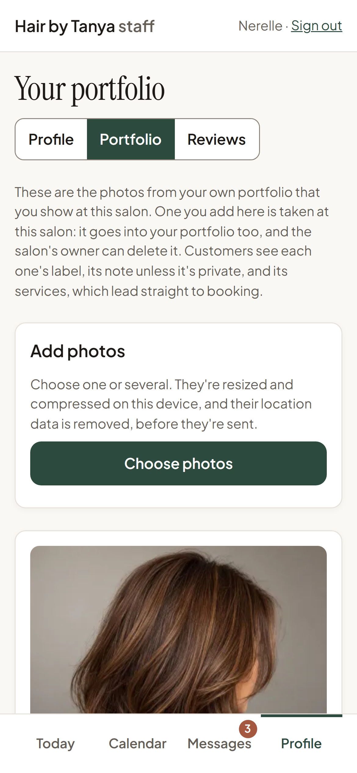 A stylist's portfolio on a phone: the photos from the stylist's own portfolio that they show at this salon, where customers can book the services each one shows.